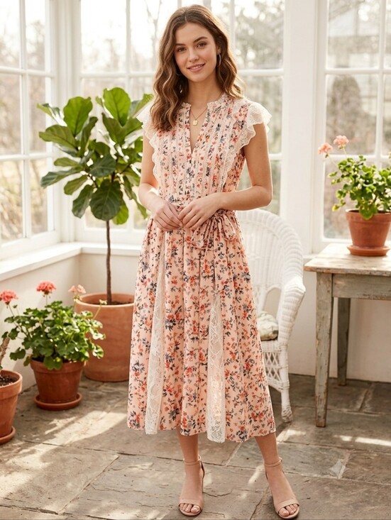 French Connection Dresses & Skirts - French Connection Blush Floral Lace-Trim Midi Dress Size 8